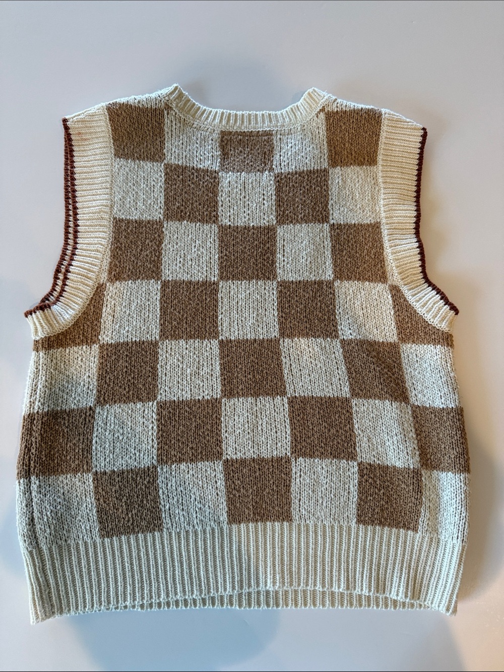 Anthropologie Maeve Checkerboard Knit Sweater Vest in Cream/Tan Size XS - Picture 6 of 13